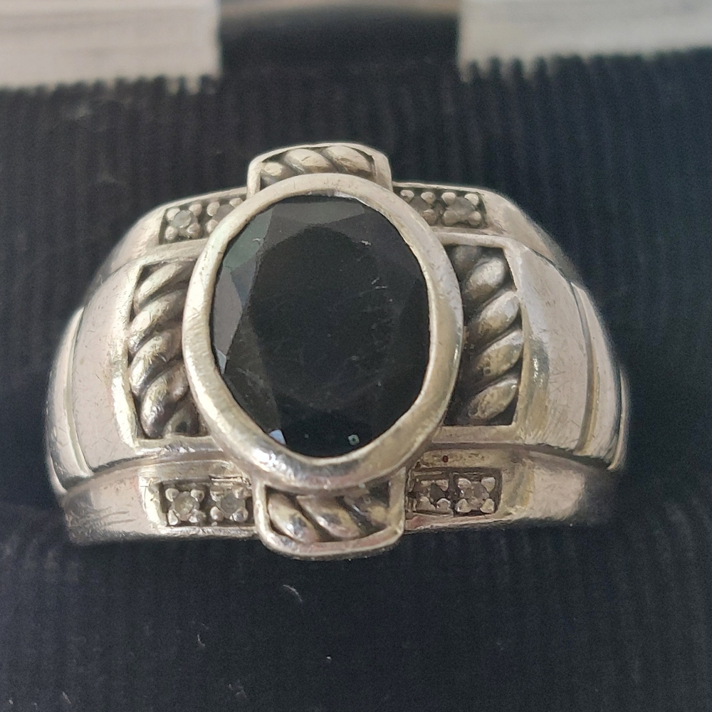 Sterling Silver Oval Black Onyx & Diamond Mens Ring, Size 9.5
